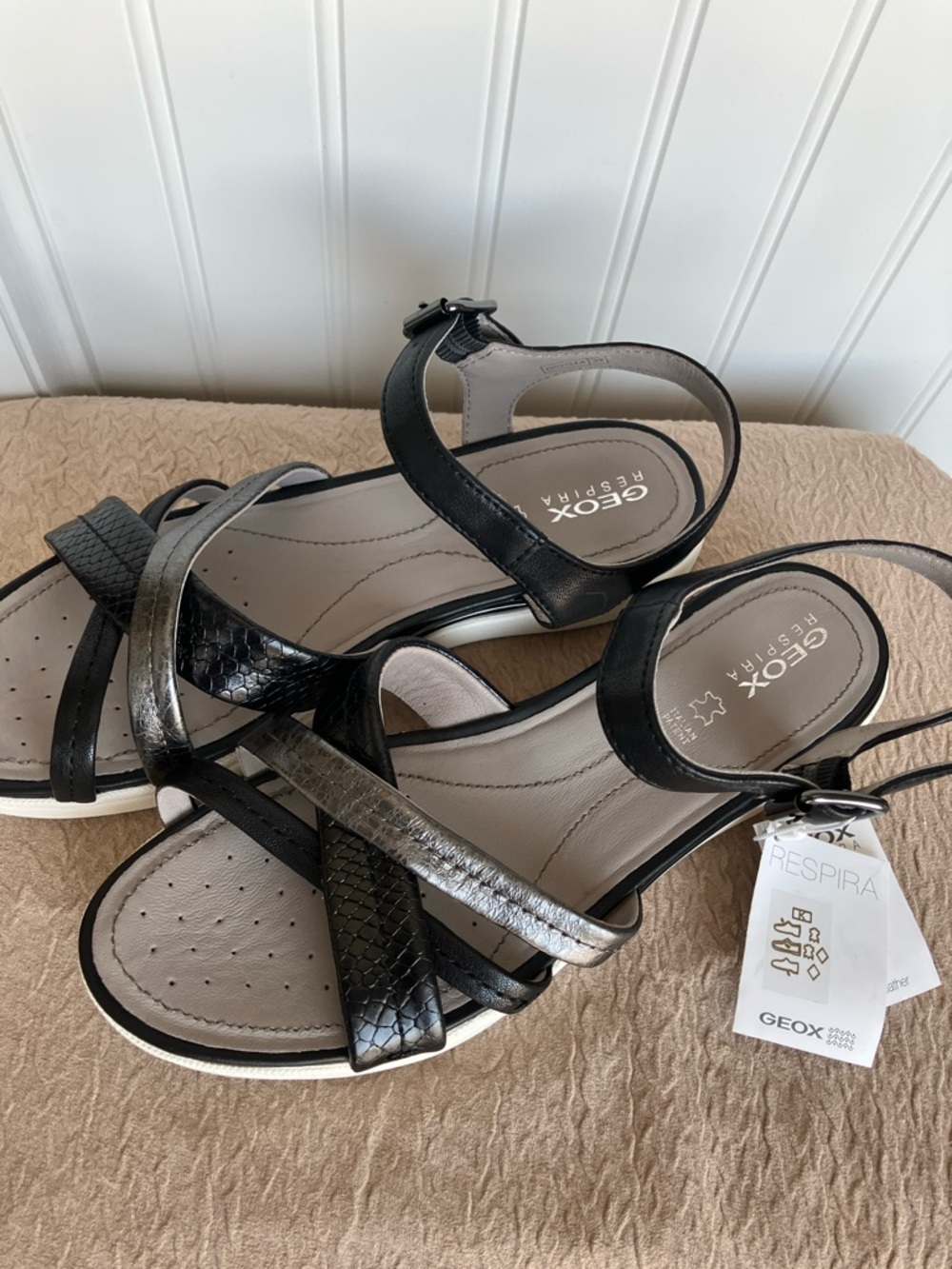 Geox Respira Leather Sandals D02GZA Black Silver Ankle Strap EU 39